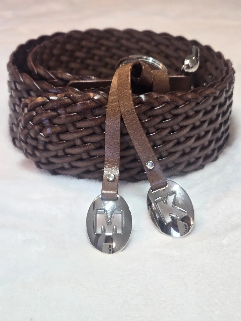 Michael Kors Brown Leather Braided Belt With Silver Charms Small